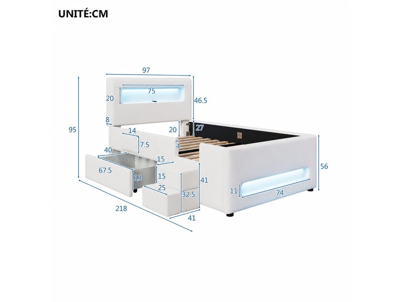  Lit avec tiroir 90×200 cm, lit simple en pu blanc avec led réglable et rangement, matelas non précisé  - Conforama D