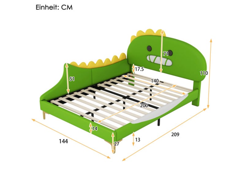 Lit enfant 140x200cm lit double avec forme dinosaure dessin animé, en cuir artificiel vert, sans matelas - Conforama D