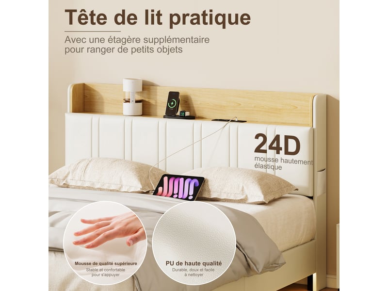 Kefsr lit adulte 2 places 140x190 cm, lit flottant suspendu avec led et sommier, tête de lit multifonction rangementusb, simili cuir blanc - Conforama E