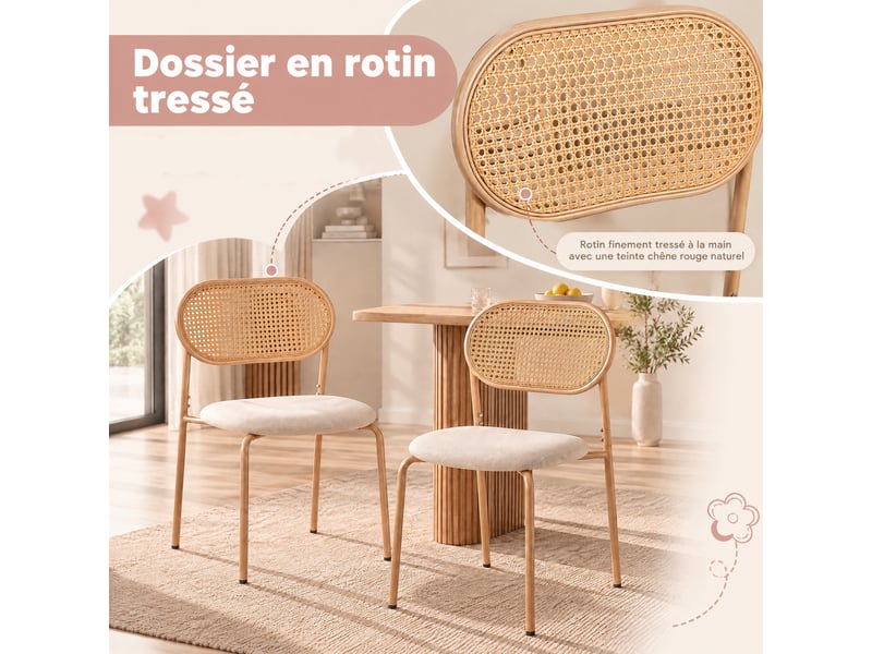  Lot de 2 chaises de salle à manger, design bohème pour cuisine salon, dossier rotin naturel, assise rembourrée, naturel  - Conforama D