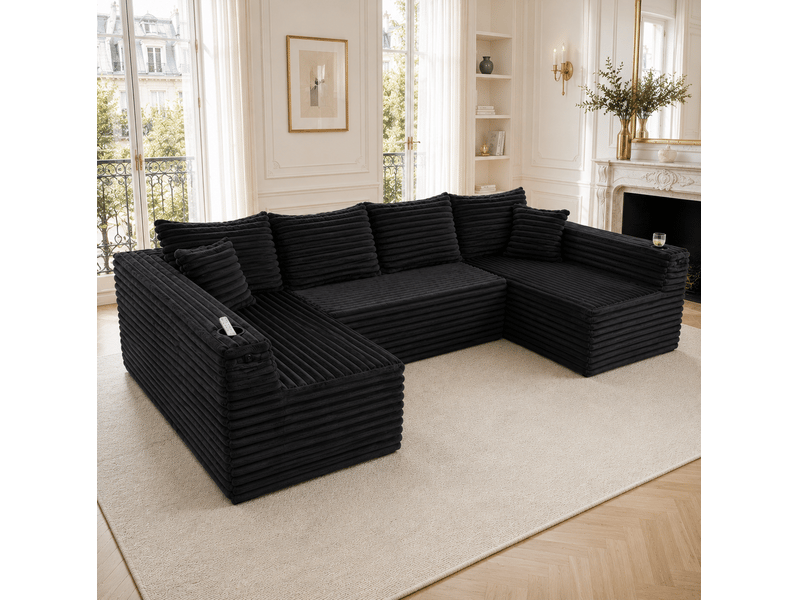  Canapé modulable en u modenvie 6 places en velours côtelé noir avec porte-gobelets et poches latérales 320 x 155 x 88 cm  - Conforama E