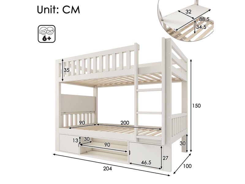  Lit superposé enfant 90x200 cm, lit 2 places, table rabattable, placards, range-chaussures, bois blanc, sans matelas  - Conforama C