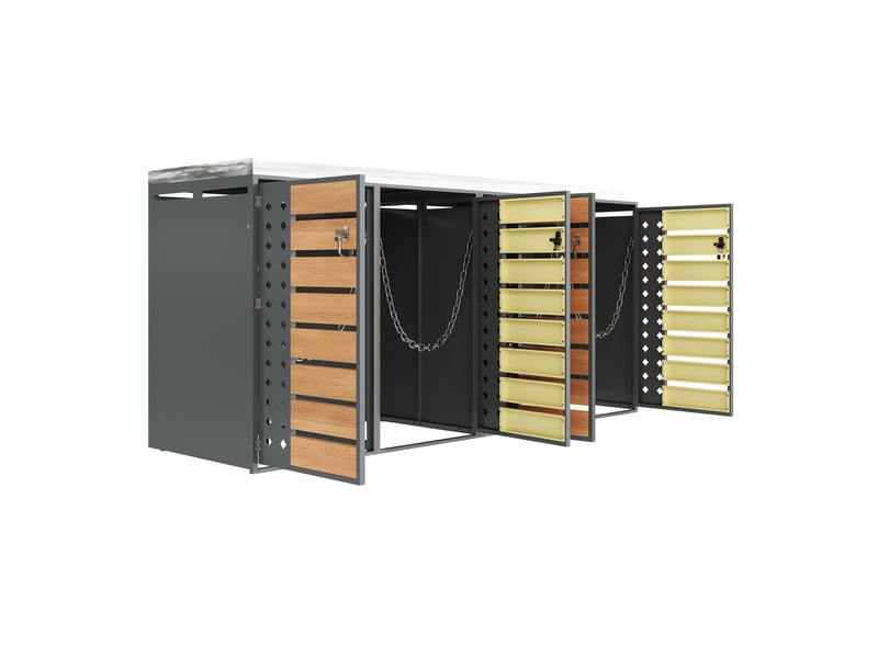  Cache-poubelles 4 compartiments avec bac à plantes, panneaux bois horizontaux, métal gris  - Conforama D