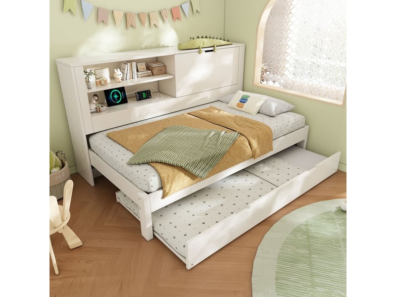  Lit gigogne avec rangement90x190cm - tête de lit rangement et prises usb type-c- lit gigogne - bois blanc pur avec sommiers à lattes  - Conforama A