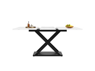 Table à manger extensible 120–160 cm, pieds croisés en métal noir et plateau blanc effet marbre, cuisine et salon