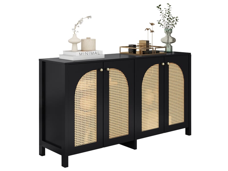  Buffet moderne noir avec 4 portes en rotin synthétique, meuble de rangement pour salle à manger et salon, 145 cm  - Conforama A