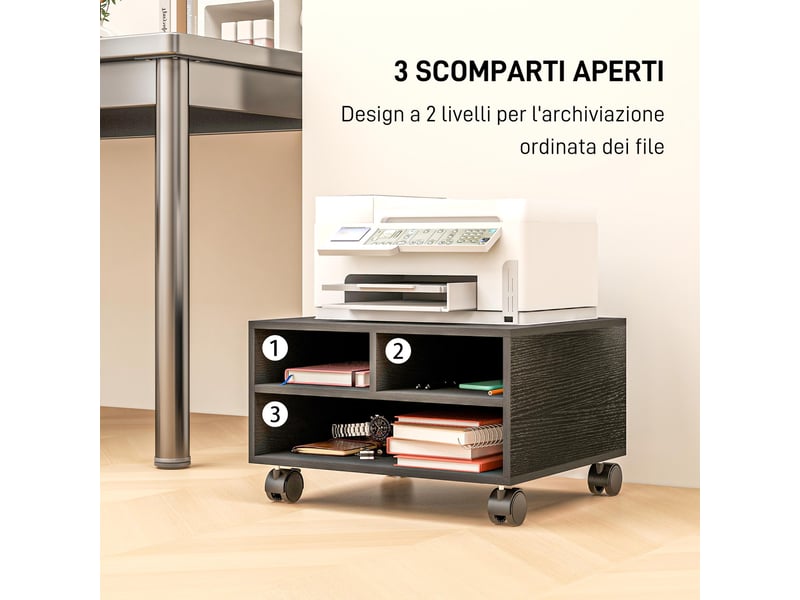  Support d'imprimante en bois à 2 niveaux avec roulettes pour bureau et espace de travail, 47 x 40 x 22,5 cm, noir  - Conforama E