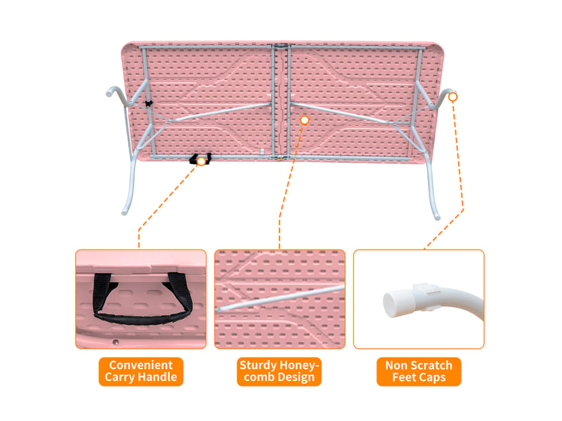  Table de jardin pliante rose 180 cm avec poignée, plateau en plastique et structure en acier pour vos réceptions  - Conforama D
