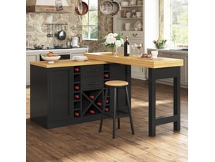 Îlot de cuisine 120-223x40x73,8 cm pivotant, avec rangements et porte-bouteilles amovible, mdf et métal, couleur noir
