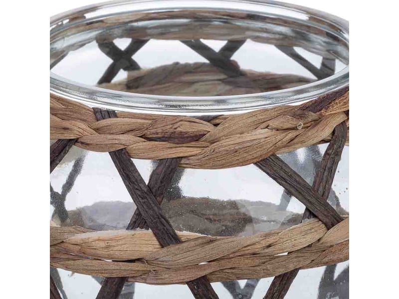  Bougeoir en verre recouvert de fibres naturelles marron, d15,5x11,5h cm  - Conforama D