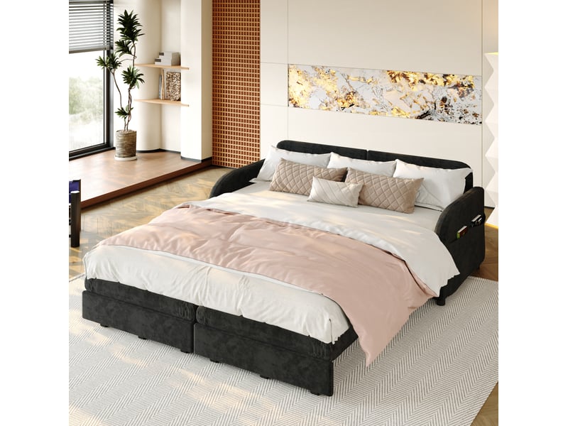  Canapé-lit convertible 3-en-1 166x84 cm – noir – couchage queen size et poches latérales pratiques  - Conforama E