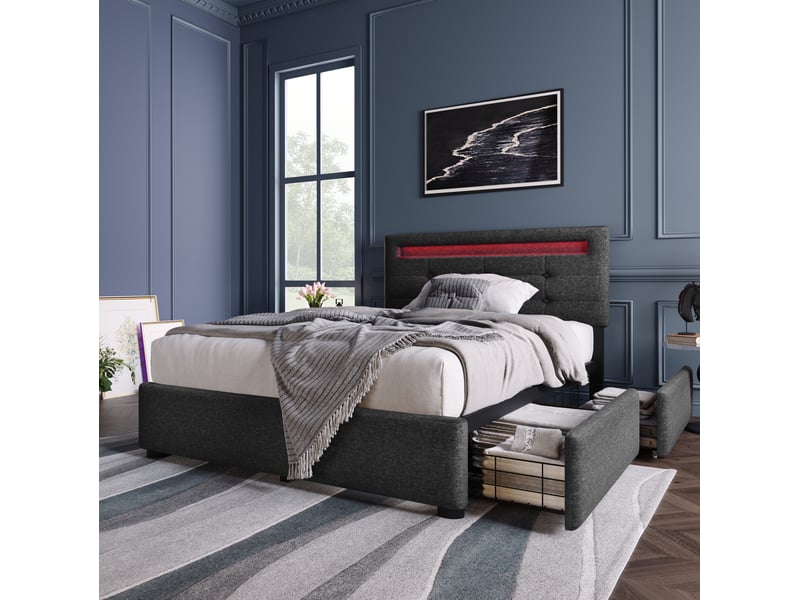  Lit simple 90x200 cm avec led, 2 tiroirs et tête de lit réglable gris  - Conforama D