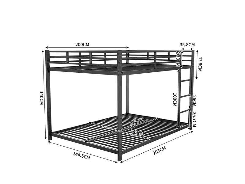  Lit superposé enfant 140 x 200 cm en métal avec échelle et barrières, noir  - Conforama C