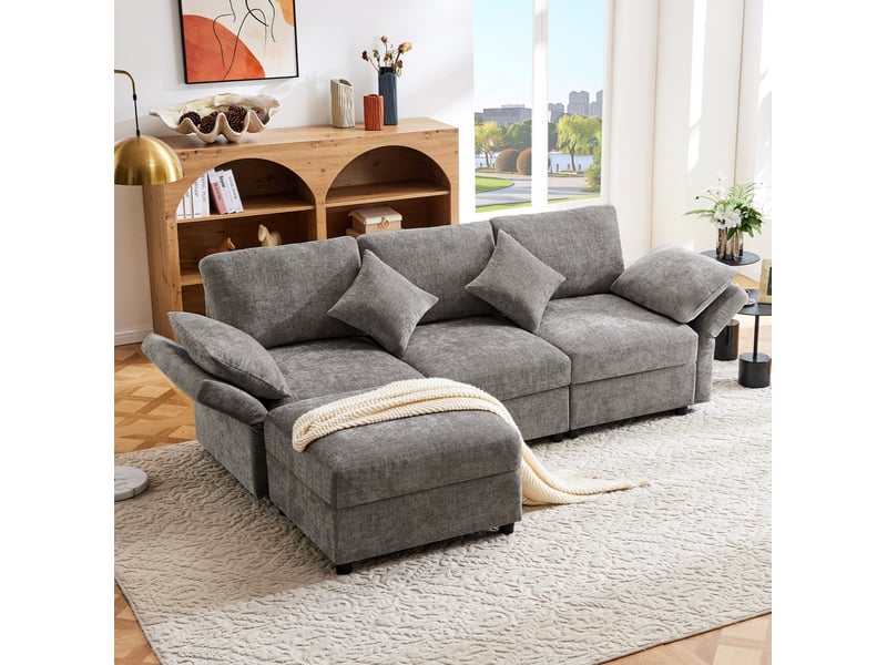  Canapé d'angle modenvie 3 à 4 places en chenille gris avec pouf mobile et accoudoirs réglables 218 x 156,5 x 86 cm  - Conforama D