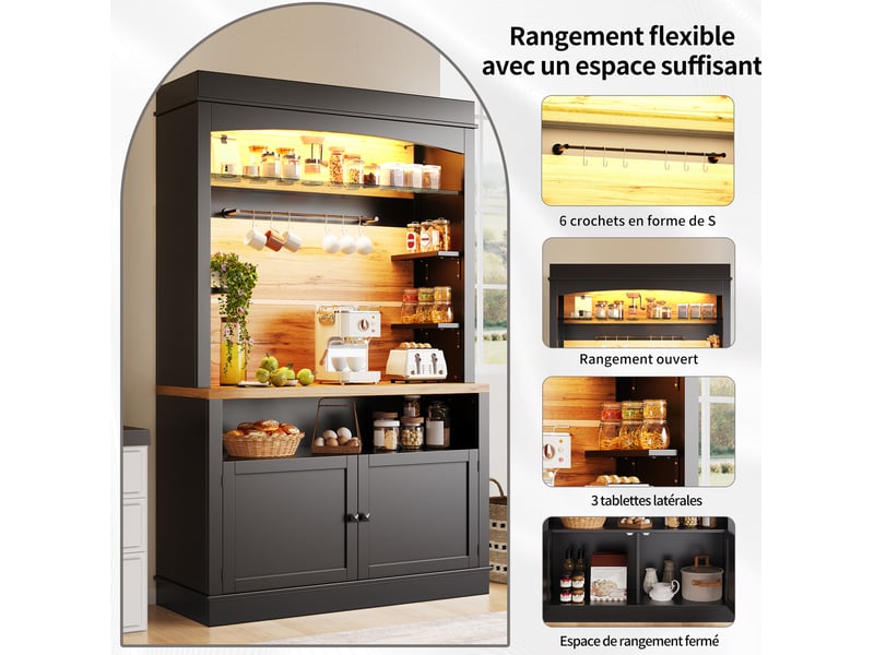  Lot de 2 buffets hauts de cuisine 107x43x184 cm chacun, éclairage led, 2 portes, mdf et métal, noir  - Conforama D