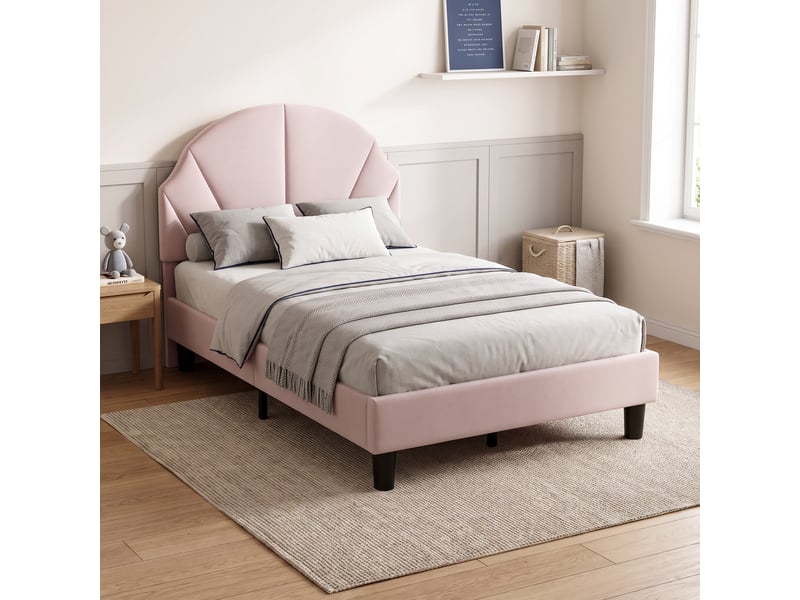  Lit simple 90x200 cm, lit enfant avec tête de lit coquillage réglable, lit capitonné en velours avec sommier, rose  - Conforama D