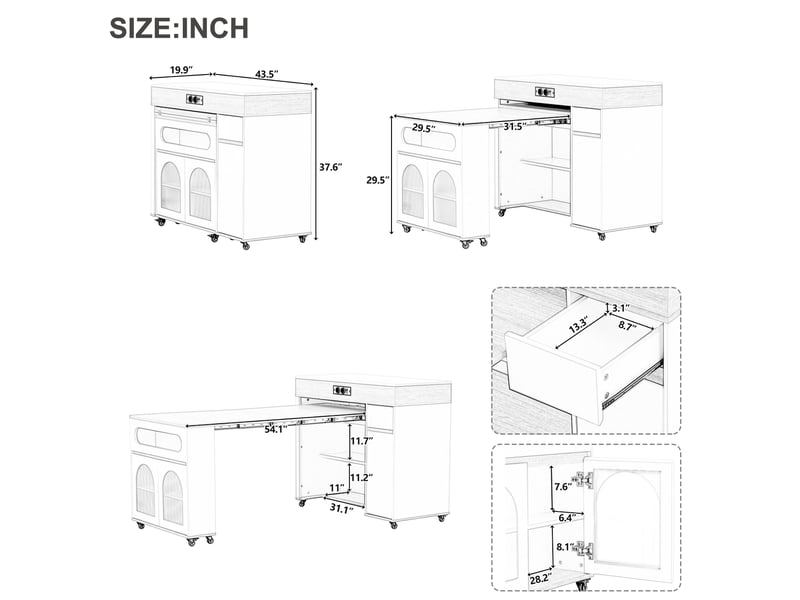  Desserte de cuisine extensible avec 1 tiroir, portes vitrées, roulettes et prises intégrées pour cuisine et salle à manger  - Conforama E