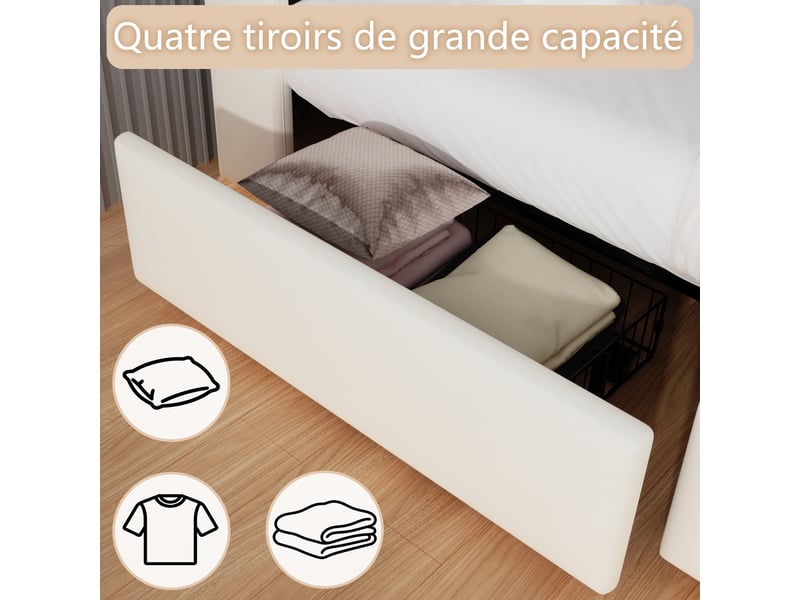  Lit 2 places 140x200 cm beige avec bluetooth, 4 tiroirs, led, ports usb+type-c sans matelas EBD852F-BG - Conforama W