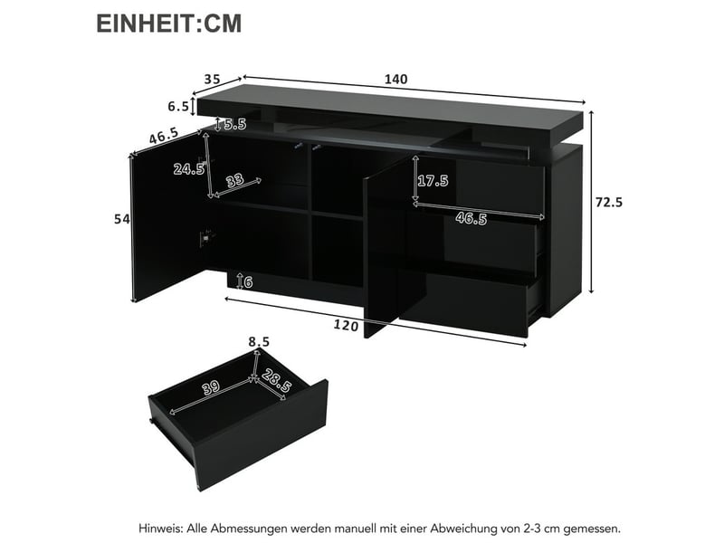  Buffet contemporain pour salon, deux portes et trois tiroirs, armoire haute, coiffeuse, finition brillante, avec éclairage led, noir  - Conforama C