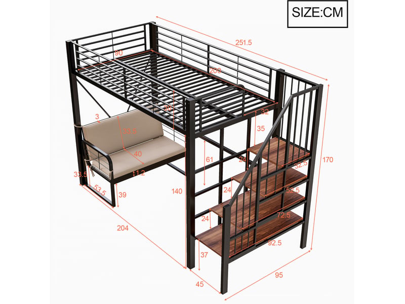  Lit superposé 90x200 cm avec escalier de rangement, canapé amovible en métal noir  - Conforama E