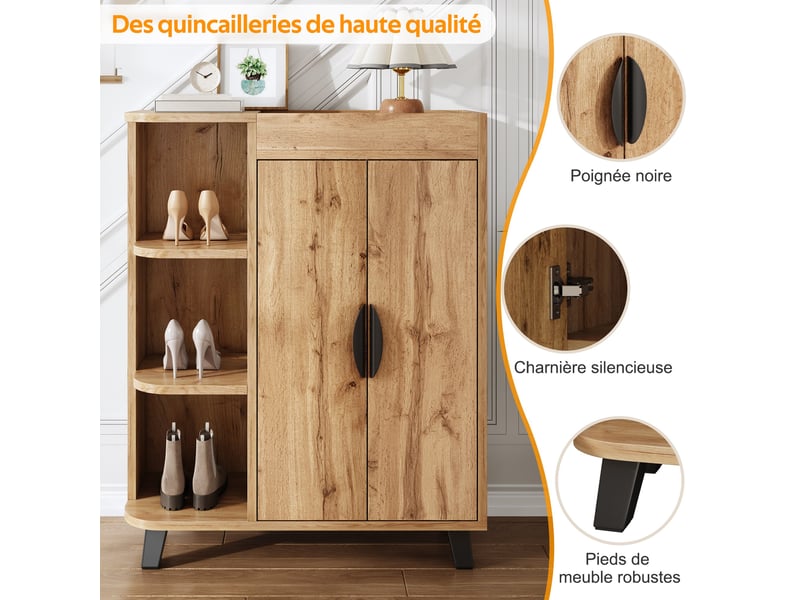  Meuble à chaussures 80x32x99 cm, 2 portes et niches ouvertes, format étroit, rangement pratique pour entrée et couloir - naturel  - Conforama D