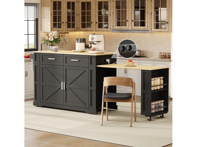 Desserte de cuisine avec plan coulissant, 2 tiroirs, armoire 2 portes et prises intégrées, noir 130 × 50 × 93 cm - Conforama E