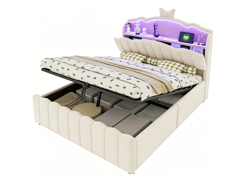  Lit coffre 2 places 140x200 cm - lit avec rangement hydraulique, tête de lit led, usb et usb-c - velours - beige  - Conforama A