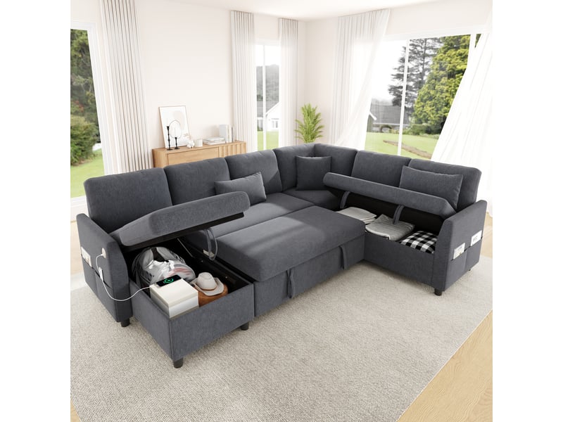  Canapé d'angle convertible - coffre sous la méridienne - ports usb et usb c - poches latérales - méridienne réversible - gris  - Conforama C