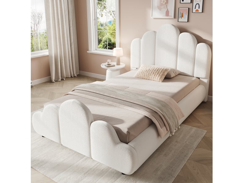  Lit enfant 90 × 200 cm 1 place avec tête de lit rembourrée et coins arrondis, sans matelas, en bouclette beige  - Conforama B