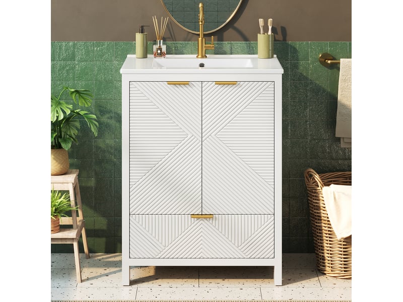  Meuble sous vasque sur pied 61x47x87 cm blanc avec vasque en céramique  - Conforama D