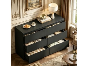 Meuble commode rangement 120 cm en bois noir 6 tiroirs spacieuse design homvra