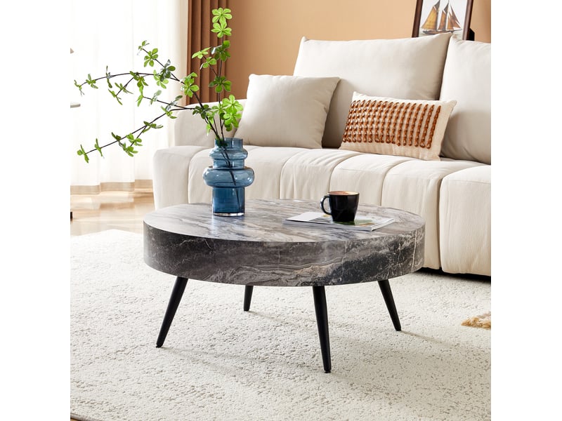  Table basse ulevr ronde ø 70 cm, décor marbre gris, pieds métalliques noirs réglables, hauteur 35,5 cm  - Conforama E