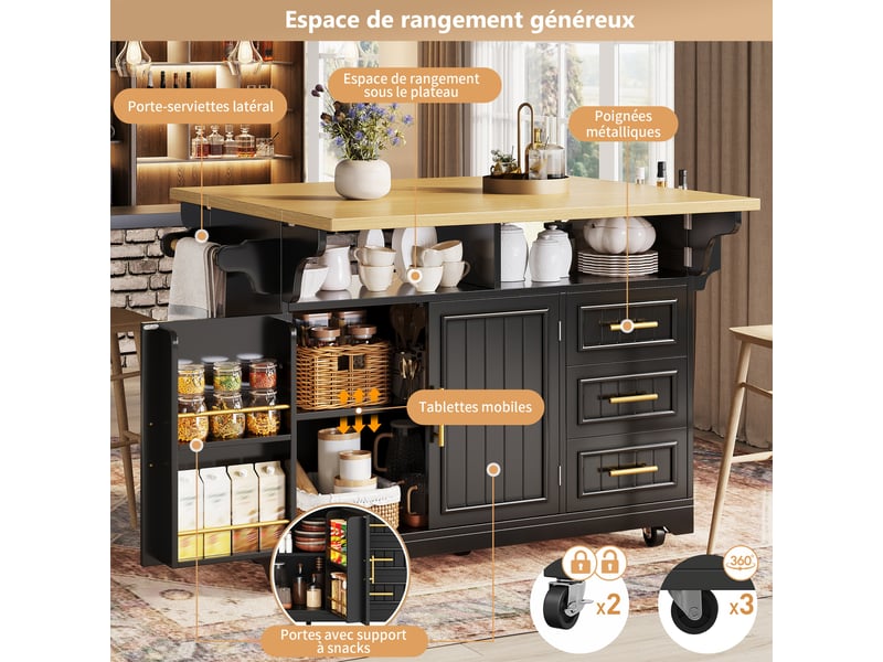  Îlot de cuisine mobile 120x40-80x95 cm, avec plateau rabattable, 3 tiroirs, étagères réglables, porte-serviette - noir  - Conforama D