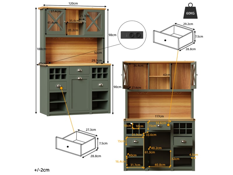  Buffet de cuisine 120x45x188 cm led mdf vert antique  - Conforama E