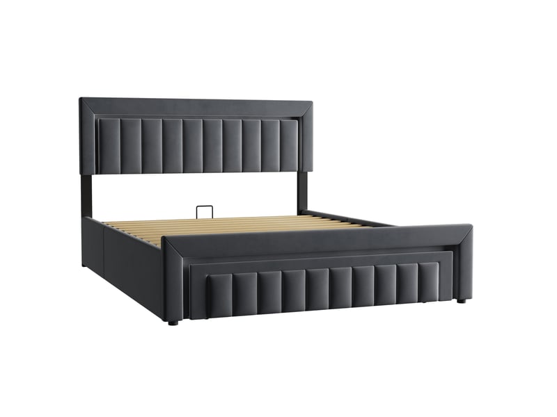  Lit double 160x200 cm avec tiroirs, led et tête de lit rembourrée gris foncé homvra  - Conforama A