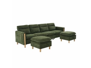 Canapé modulaire 4 places vert en chenille, deux poufs intégrés avec espaces de rangement dissimulés, style moderne