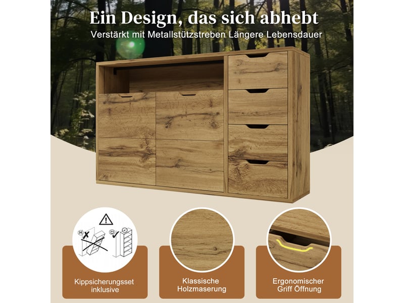  Buffet rangement 150x40x90 cm, meuble bas avec 2 portes et 4 tiroirs, design chêne et métal noir pour salon  - Conforama E