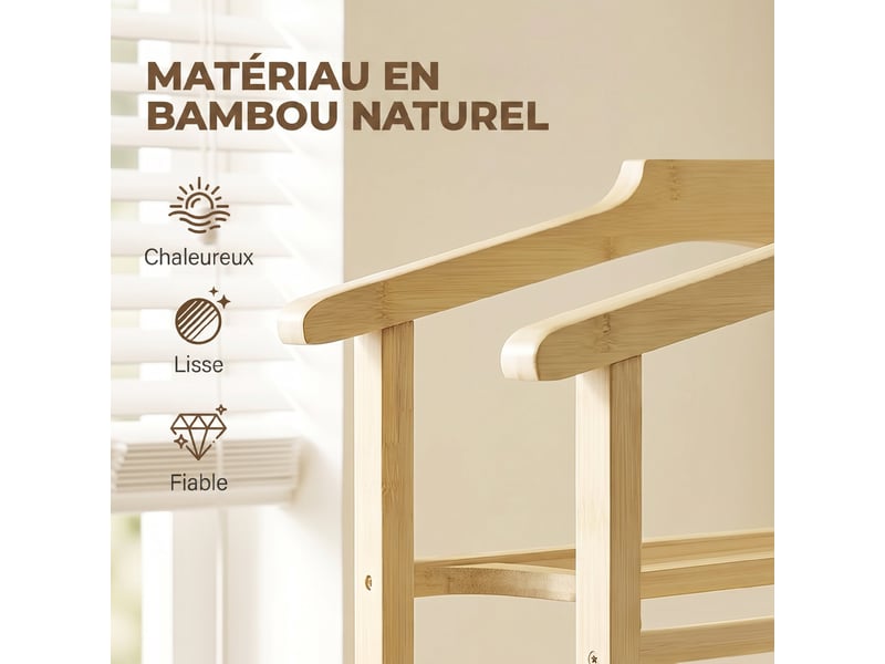 Valet de chambre à roulettes, portant à vêtements en bambou, cintres, barres de suspension, chêne, plateau et étagère - Conforama D