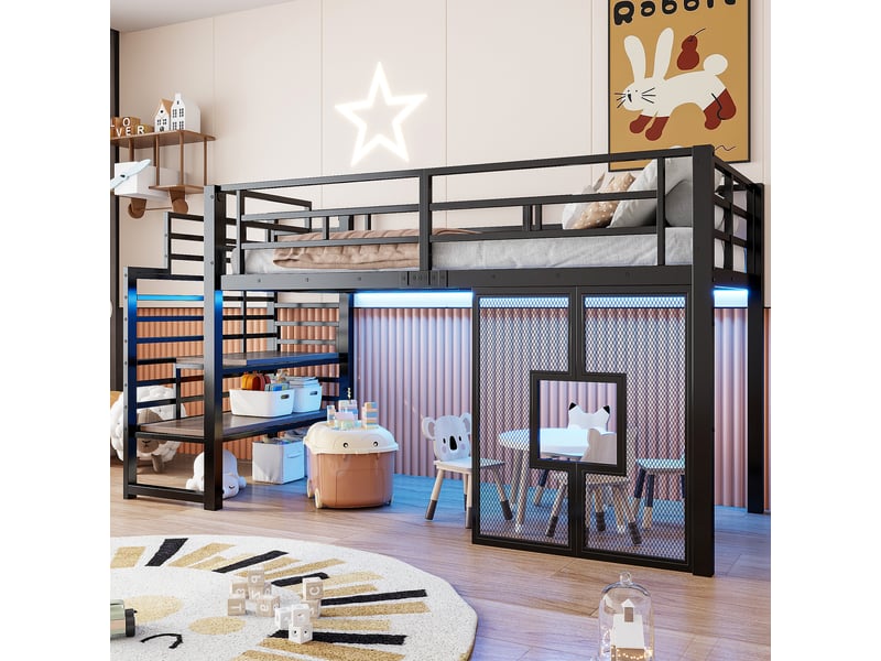  Lit mezzanine simple 90×200 cm avec escalier, rangements, fenêtres et led - okmyhome- noir, sans matelas  - Conforama C