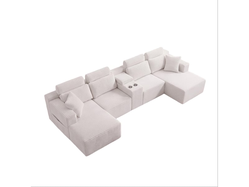  Canapé d’angle modulaire en u 373x151x81 cm compressé, porte-gobelets, mousse,  velours côtelé couleur blanc  - Conforama A