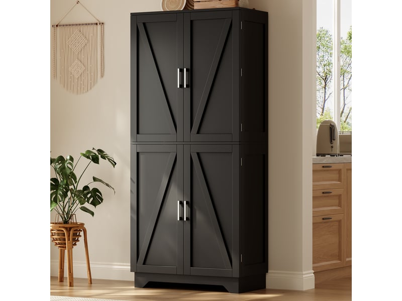 Armoire de cuisine haute - 80 x 40 x 180 cm - noir - meuble de rangement vaisselier avec 4 portes façon grange et casier à vin - Conforama E