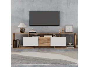 Meuble tv 180 cm blanc et bois naturel pour écran jusqu'à 85 pouces - 6 rangements