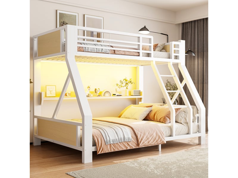  Lit superposé métal 90x200 et 140x200 cm, lit simple haut, lit double bas, casier, led, structure fer et bois, gain de place chambre enfant blanc  - Conforama E