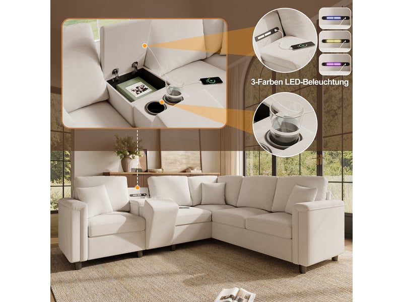  Canapé d'angle 5 places en tissu chenille beige, 235×208×83 cm, console avec rangement, porte-gobelets, ports usb  - Conforama R
