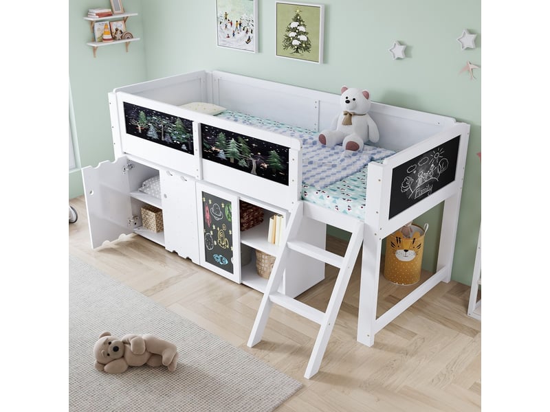 Lit mi-hauteur 90x200cm blanc avec armoires tableau échelle inclinée barrière sécurité bois N622T357012W - Conforama E