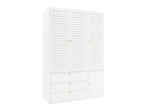 Armoire blanche 135x50x200 cm en particules, 3 portes à lattes, 2 tringles, porte-pantalons et 3 tiroirs