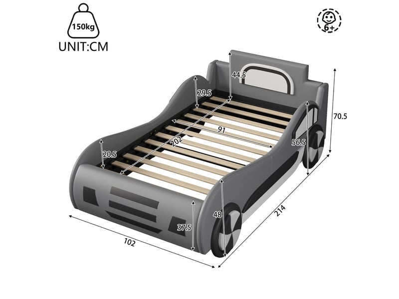  Lit enfant simple 90×200 cm coffre hydraulique forme voiture  - sans matelas, mdf et pu - gris  - Conforama D
