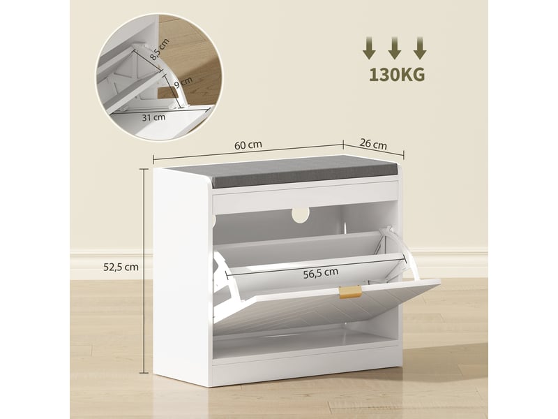  Banc à chaussures, banc de rangement, assise rembourrée, tiroir rabattable, porte avec motif 60 x 26 x 52,5 cm, blanc  - Conforama E