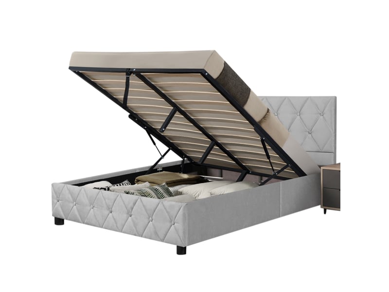  Lit simple 90 x 200 cm en velours, structure mdf et métal avec lattes en bois, sans matelas, gris  - Conforama E