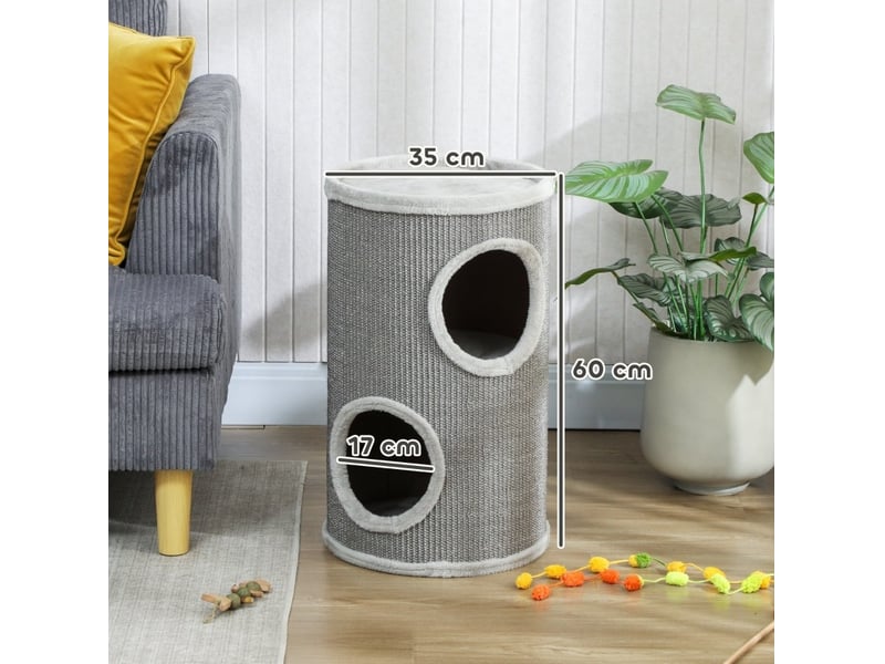  Tour à griffer à 2 niveaux ø35 x h60 cm – gris clair – 2 niches et surface en sisal – sans montage  - Conforama C